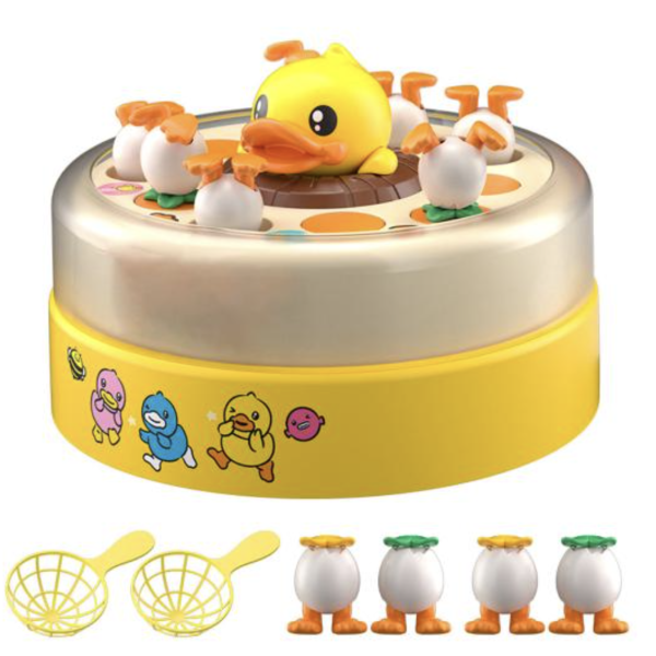 Детская игрушка Прыгающая жёлтая уточка ∙ Музыкальная карусель B.Duck and Friends — поймай уточку с прыгающими утятами и 2 сачками