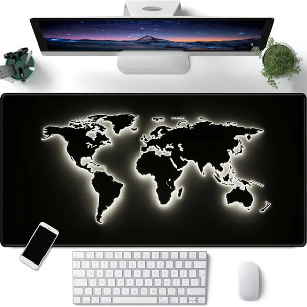 Коврик для мыши Светящаяся карта мира с разноцветными световыми точками ∙ Игровой и офисный коврик Светящаяся карта мира с LED-подсветкой