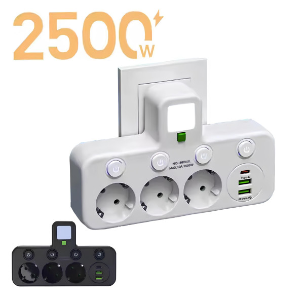 Переходник универсальный HG-276 2500 Вт с 3 розетками ∙ Тройник с 2 USB + Type C Gtop HG-276 сетевой фильтр с подсветкой