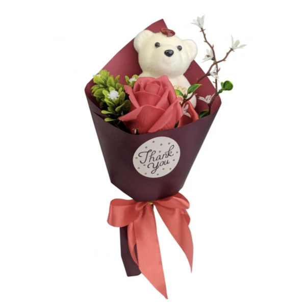 Букет из мягких игрушек Мишка с розами ∙ Мини-букет из мыльной розы и плюшевого мишки