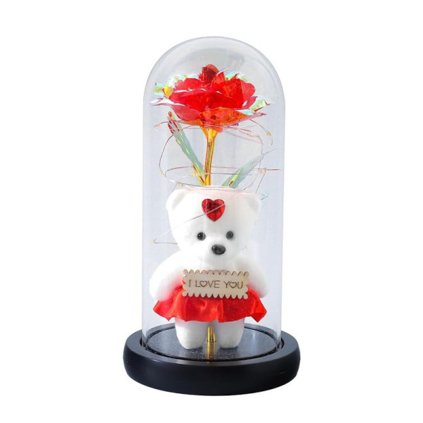 Роза в стеклянной колбе Rose of Love с LED-подсветкой и плюшевым мишкой ∙ Декоративная хрустальная роза с мишкой и сердцем I Love You