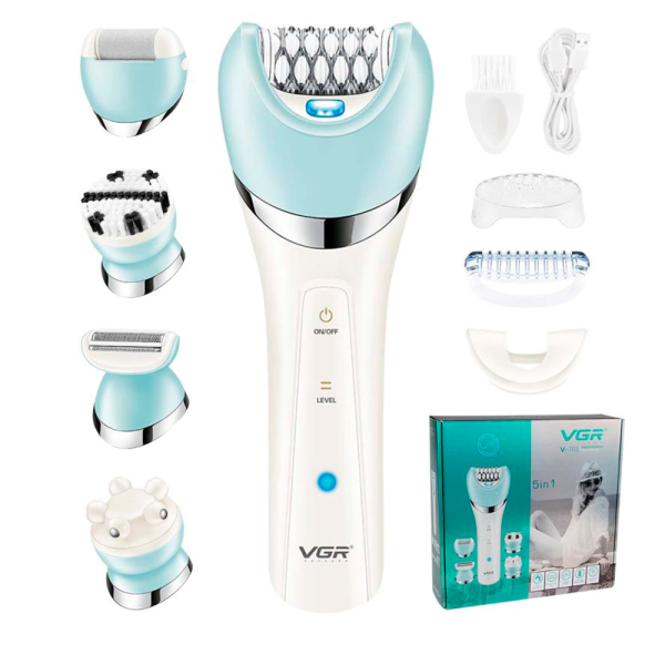 Эпилятор женский аккумуляторный 5 в 1 VGR V-703 для удаления волос бритва и триммер с насадками для тела и лица ∙ Электрический эпилятор беспроводной для женщин