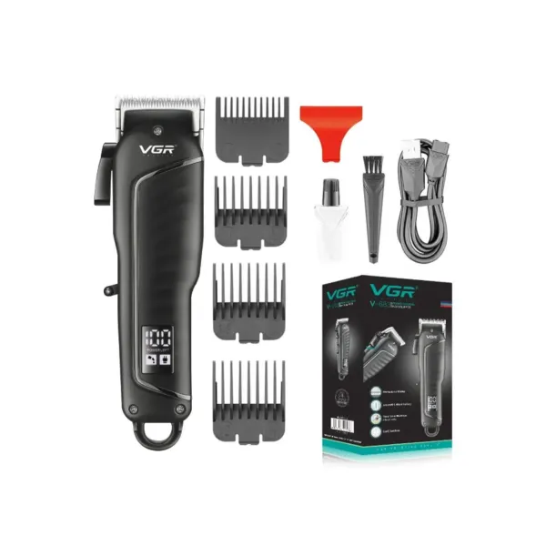 Профессиональная машинка для стрижки VGR V-683 для волос и бороды • Аккумуляторный триммер с LED-дисплеем, USB-зарядкой и насадками 3/6/9/12 мм