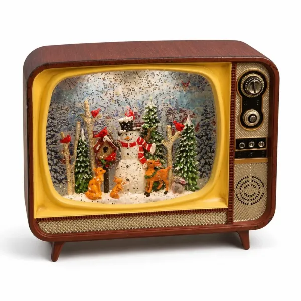 Ретро-телевизор XMAS WDL-24034B с музыкой и снежным вихрем • новогодняя настольная фигурка-ночник с 7 мелодиями, LED-подсветкой и питанием от USB или 3 батареек AA