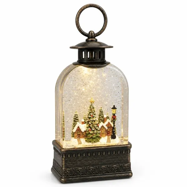 Різдвяний світильник-ліхтар XMAS WDL-23013E • новорічний нічник з LED-підсвічуванням, зимовим будиночком і ялинками для полиці, підвіконня та вітрини