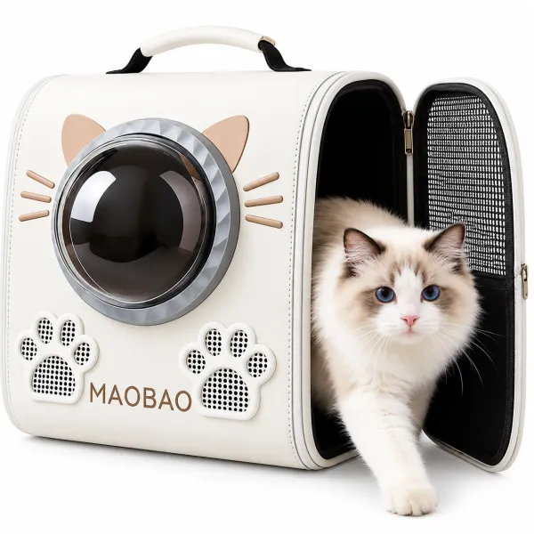 Рюкзак-переноска S-cat2 36×24×40 см білий • Рюкзак для котів S-cat2 з прозорим вікном, вентиляцією та декоративними вушками