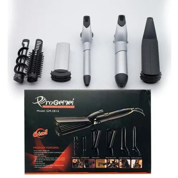 Стайлер для укладки волос 6 в 1 Gemei GM-2816 PRO Мультистайлер с съемными насадками утюжок плойка гофре спиральная завивка