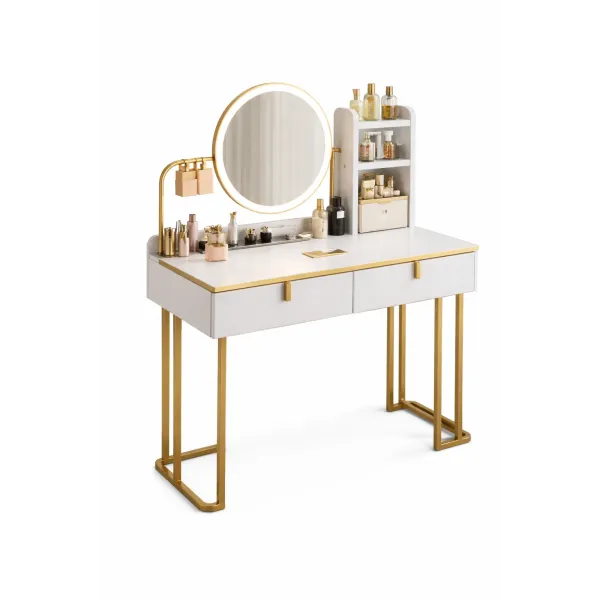 Стол макияжный STL-MD 105 белый с круглым LED зеркалом • Туалетный столик для макияжа с подсветкой, зеркалом и системой хранения для спальни и дома