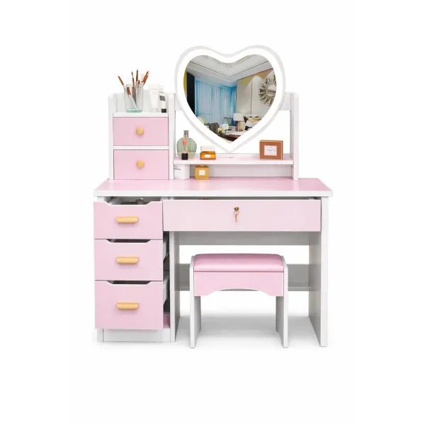 Стол макияжный STL-MD 99 розовый с LED-зеркалом сердце и пуфиком 100 см • Туалетный столик для макияжа с подсветкой, системой хранения, полками и ящиками для спальни, гардеробной и комнаты