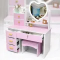 Стол макияжный STL-MD 99 розовый с LED-зеркалом сердце и пуфиком 100 см • Туалетный столик для макияжа с подсветкой, системой хранения, полками и ящиками для спальни, гардеробной и комнаты
