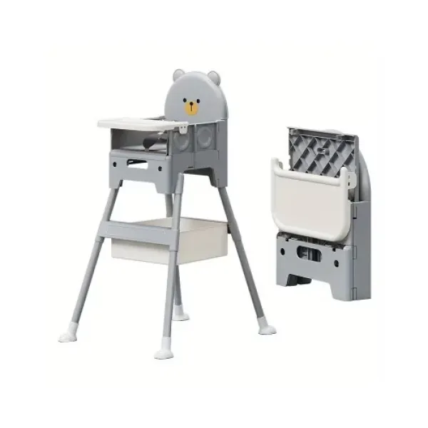 Стульчик-трансформер для кормления KAR21 серый • Детский стул для кормления складной с подносом и корзиной для хранения