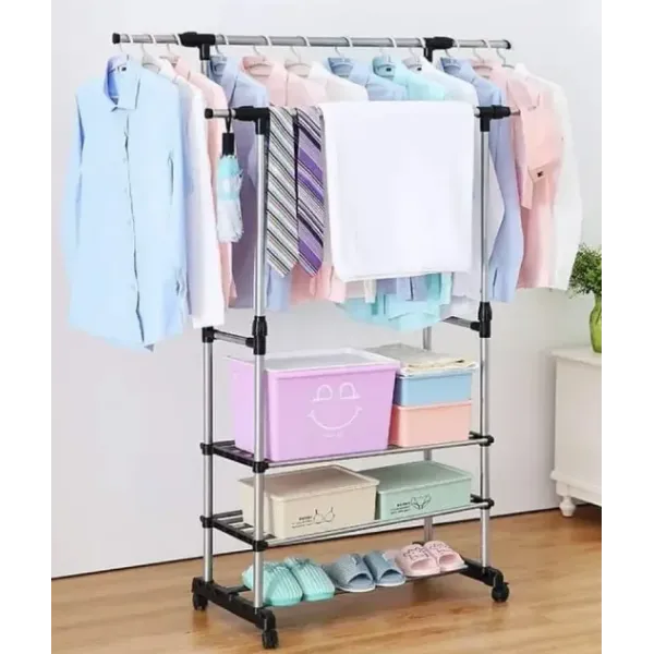 Телескопическая передвижная стойка – вешалка Colgador doble ajustable с полками для одежды