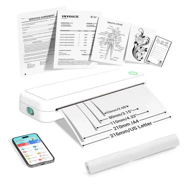 Термопринтер портативный А4 Bluetooth для печати тату, изображений, документов · Беспроводной принтер для печати без чернил