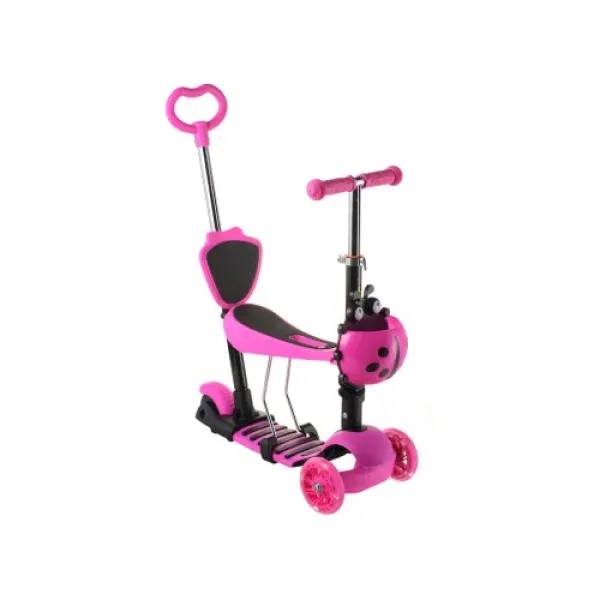 Трехколесный детский самокат 5 в 1 с родительской ручкой и сиденьем Scooter ∙ Самокат трансформер для детей со светящимися колесами, регулируемой высотой руля и корзинкой
