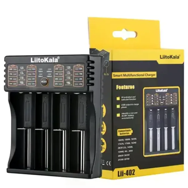 Универсальное зарядное устройство LiitoKala Lii-402 для аккумуляторов 18650, AA, AAA, Li-Ion, Ni-MH, Ni-Cd ∙ Интеллектуальное 4-канальное ЗУ с LCD дисплеем и функцией Power Bank