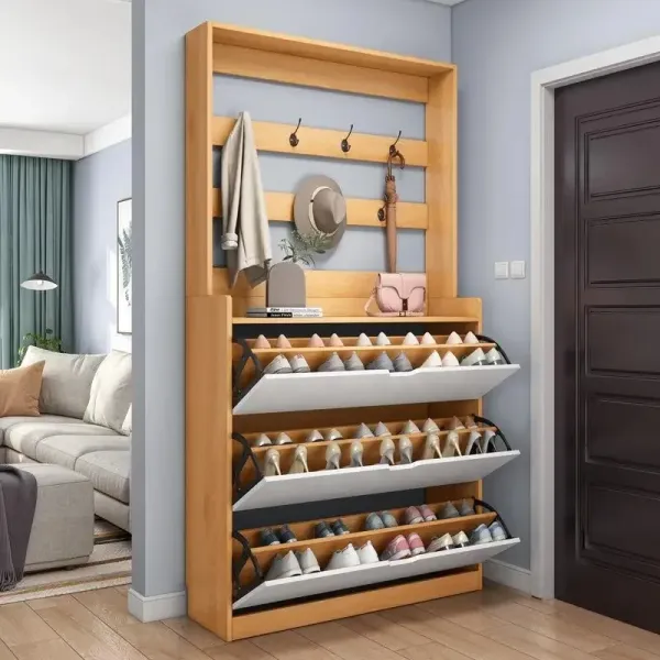 Вешалка с полкой для обуви STL-MD 75 • Компактная стойка для прихожей с крючками и обувными полками