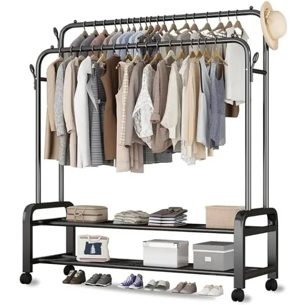 Вешалка-стойка для одежды YP-610 • Металлическая мобильная стойка с полкой для гардероба