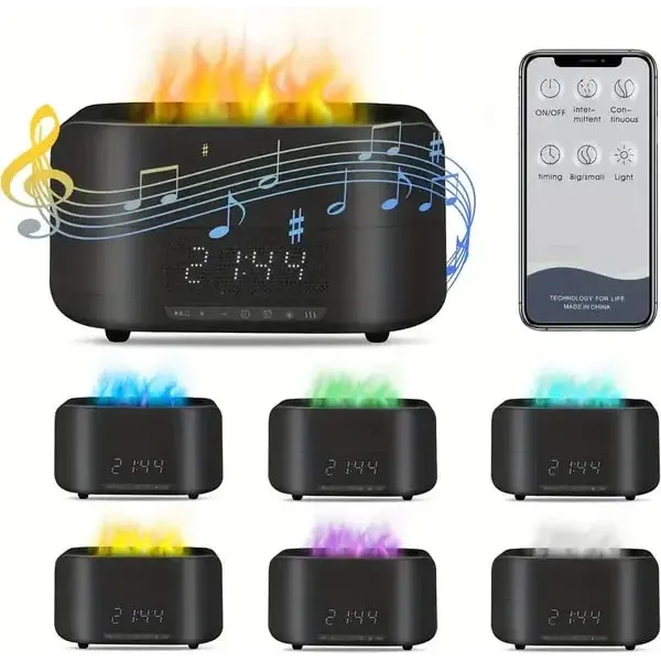 Увлажнитель воздуха ультразвуковой с эффектом пламени и Bluetooth колонкой • Настольный увлажнитель с LED часами и будильником для дома и детской