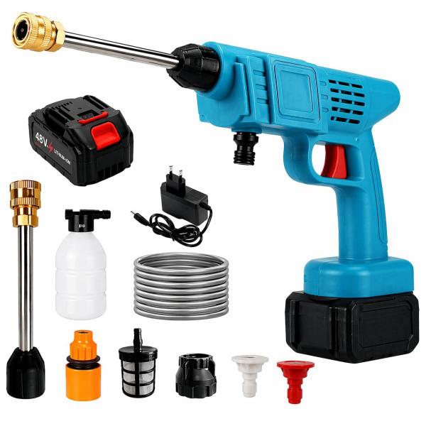 Аккумуляторная мойка высокого давления 48V с пеногенератором 2 аккумулятора синяя • Беспроводная мини-мойка для автомобиля двора сада и дома