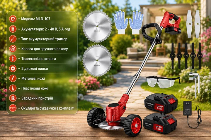 Акумуляторна газонокосарка-тример MLD-107 червона — фото 4