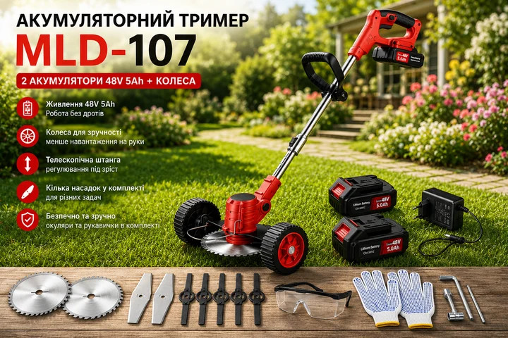 Акумуляторна газонокосарка-тример MLD-107 червона — фото 5