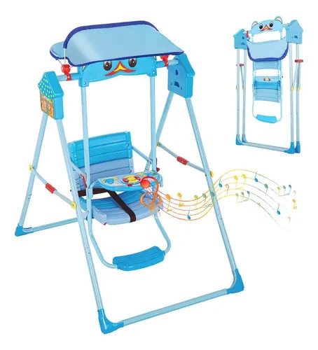 Дитячі складні гойдалки для дому блакитні X623 з козирком • Підлогова гойдалка для малюка зі світловими та звуковими ефектами, ременями безпеки та підставкою для ніг