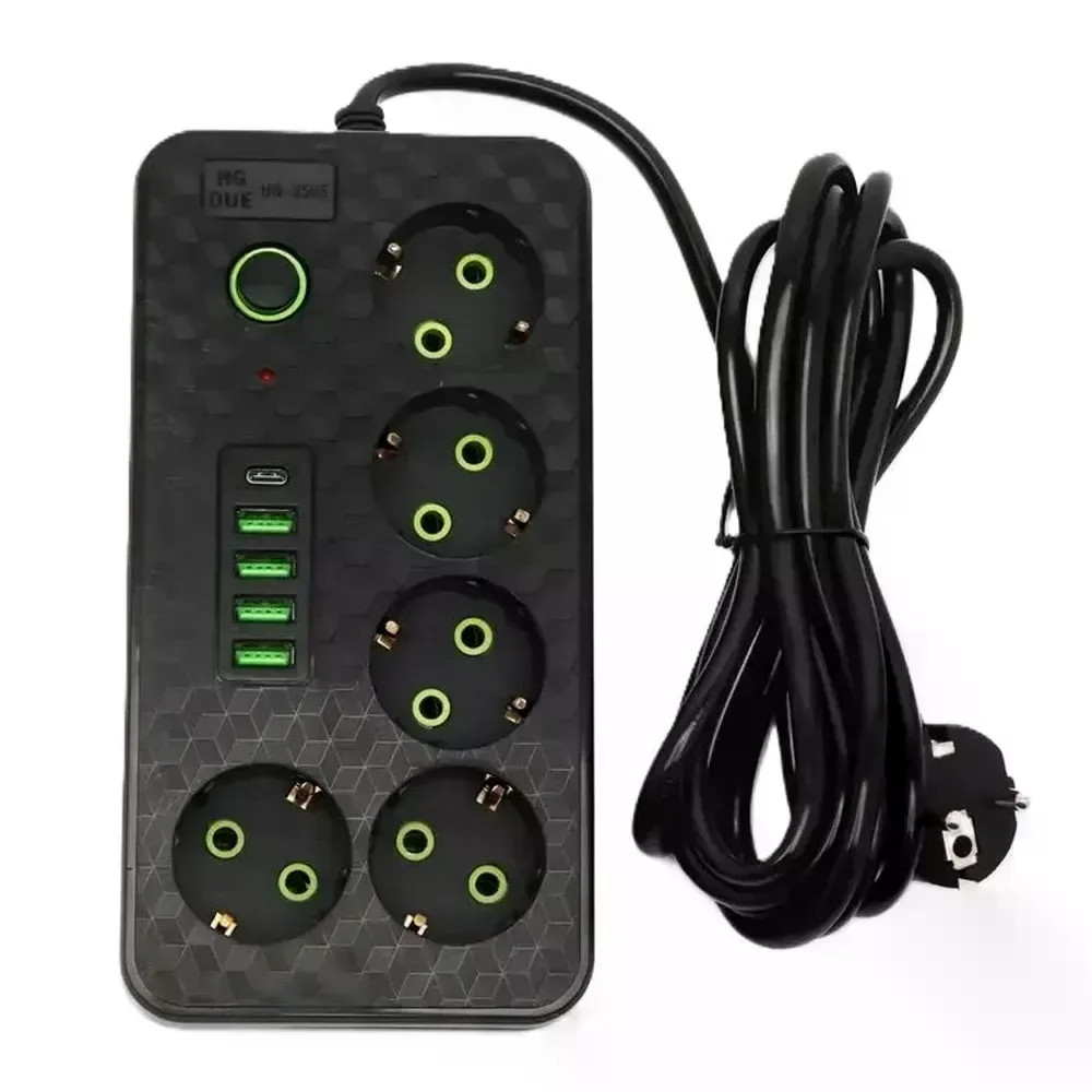 Мережевий фільтр HG-2505 на 5 розеток чорний • Подовжувач 3 м з 4 USB, Type-C, вимикачем і заземленням для дому та офісу