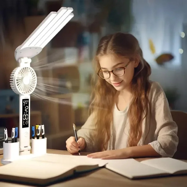 Настільна LED-лампа KRX-1011 з вентилятором і годинником — фото 2