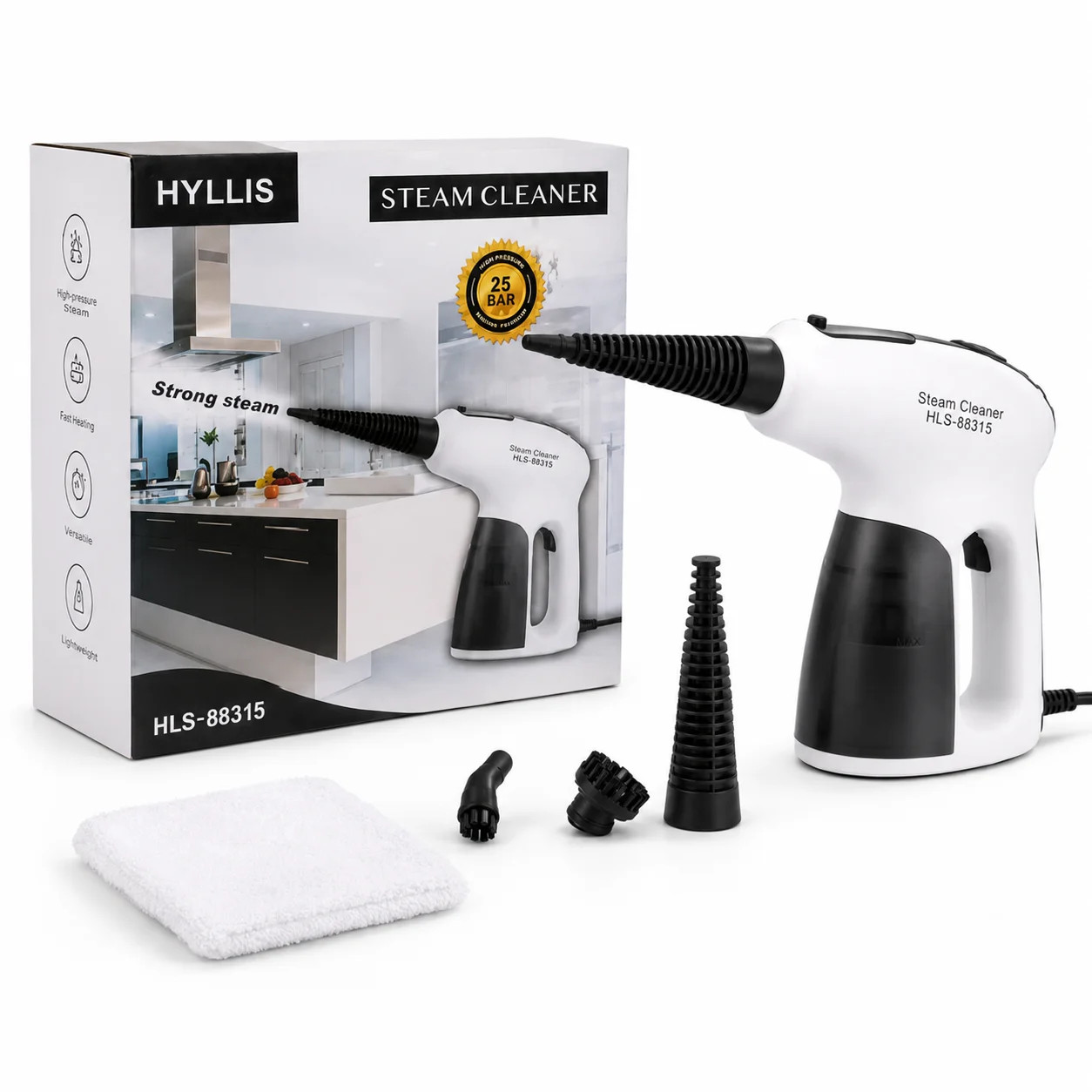 Ручний пароочисник HYLLIS HLS-88315 1500 Вт • Пароочисник-відпарювач TV-SH-03 3,5 бар з баком 330 мл і насадками для дому