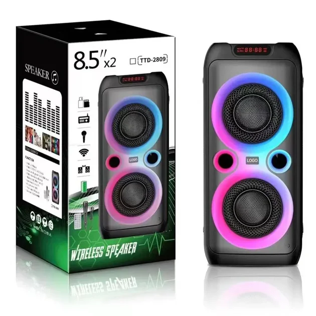 Bluetooth колонка TTD-2809 20 Вт • Портативна бездротова акустична система TTD-2809 з двома динаміками 8 дюймів, караоке, LED-підсвіткою, USB, FM-радіо та TWS