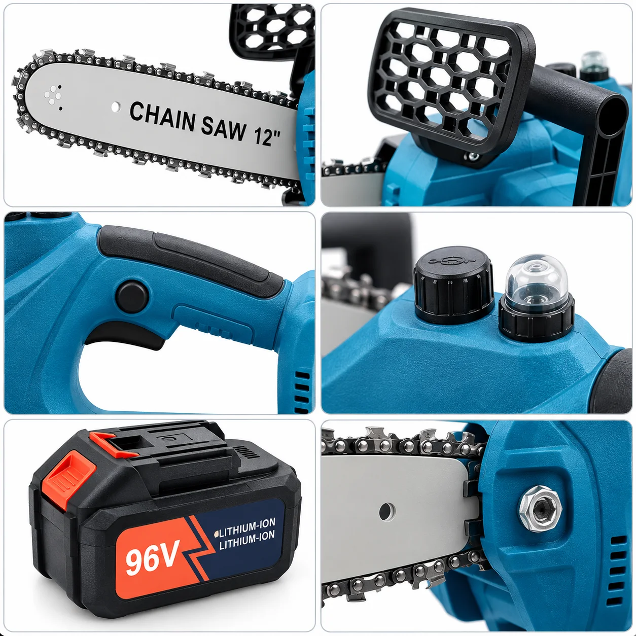 Акумуляторна ланцюгова пилка DOMOTEC Chain Saw 12″ 96V • Садова пилка DOMOTEC Chain Saw 12″ 96V із шиною 300 мм і 2 акумуляторами
