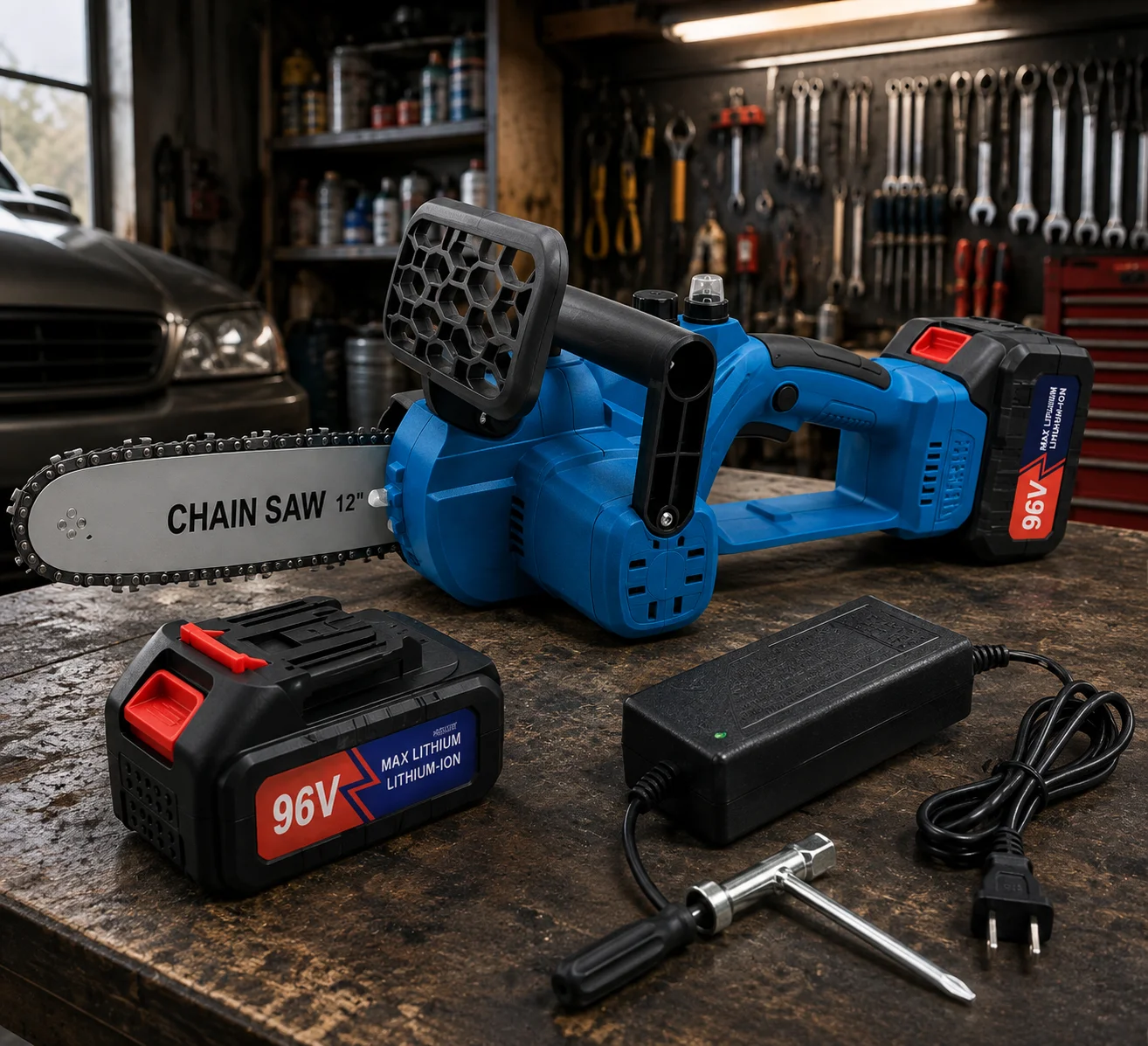 Акумуляторна ланцюгова пилка DOMOTEC Chain Saw 12″ 96V • Садова пилка DOMOTEC Chain Saw 12″ 96V із шиною 300 мм і 2 акумуляторами