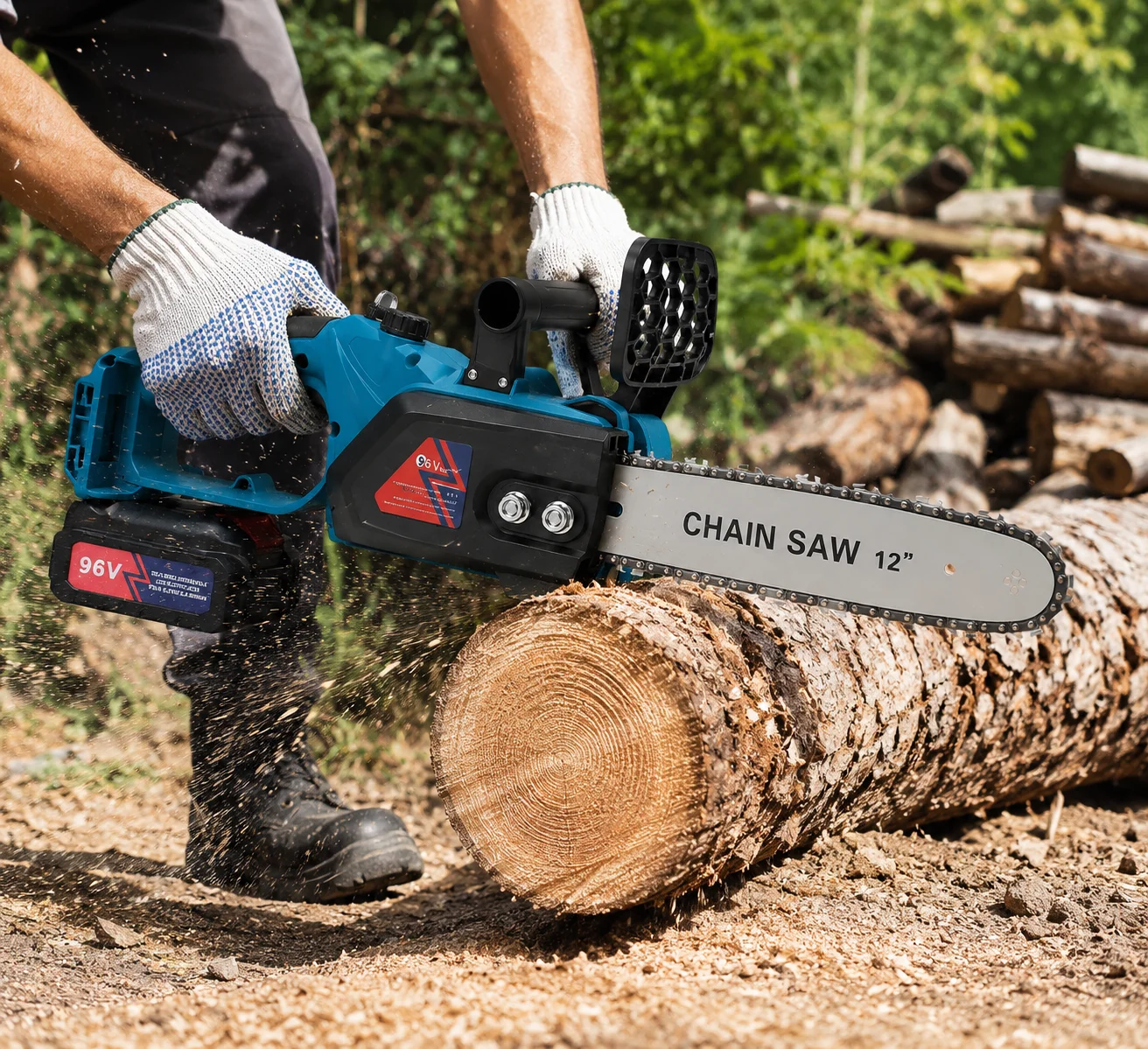 Акумуляторна ланцюгова пилка DOMOTEC Chain Saw 12″/16″ 96V • Садова акумуляторна пилка DOMOTEC Chain Saw 12″/16″ 96V з 2 шинами 305/406 мм і 2 акумуляторами