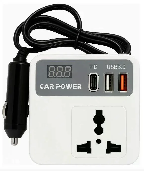 Автомобільний інвертор Car Power 150W 12V–220V • Перетворювач напруги від прикурювача 12V у 220V з 2 USB, Type-C PD та дисплеєм