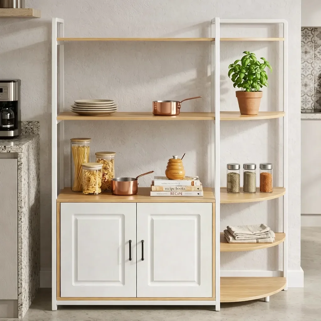 Білий дерев’яний стелаж X-614 для кухні 120×40 см • Підлогова багаторівнева полиця-органайзер для посуду, продуктів, техніки та домашнього зберігання