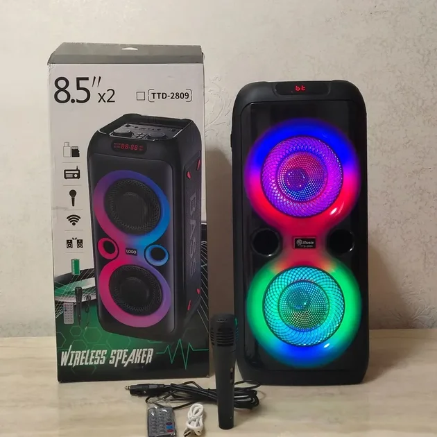 Bluetooth колонка TTD-2809 20 Вт • Портативна бездротова акустична система TTD-2809 з двома динаміками 8 дюймів, караоке, LED-підсвіткою, USB, FM-радіо та TWS