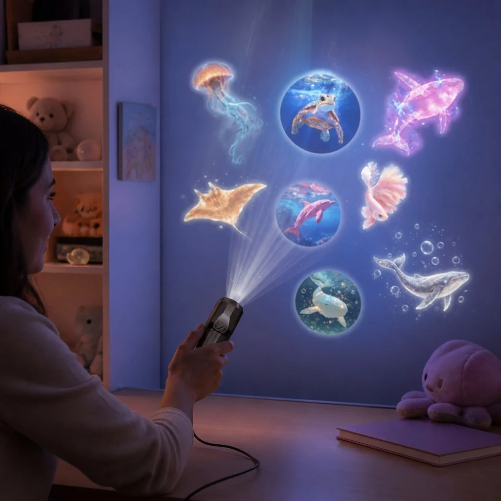 Декоративний проєктор підводного світу KAR294 з 8 панелями • Настільний USB-нічник із LED-підсвічуванням і поворотом променя на 360° для дитячої та спальні