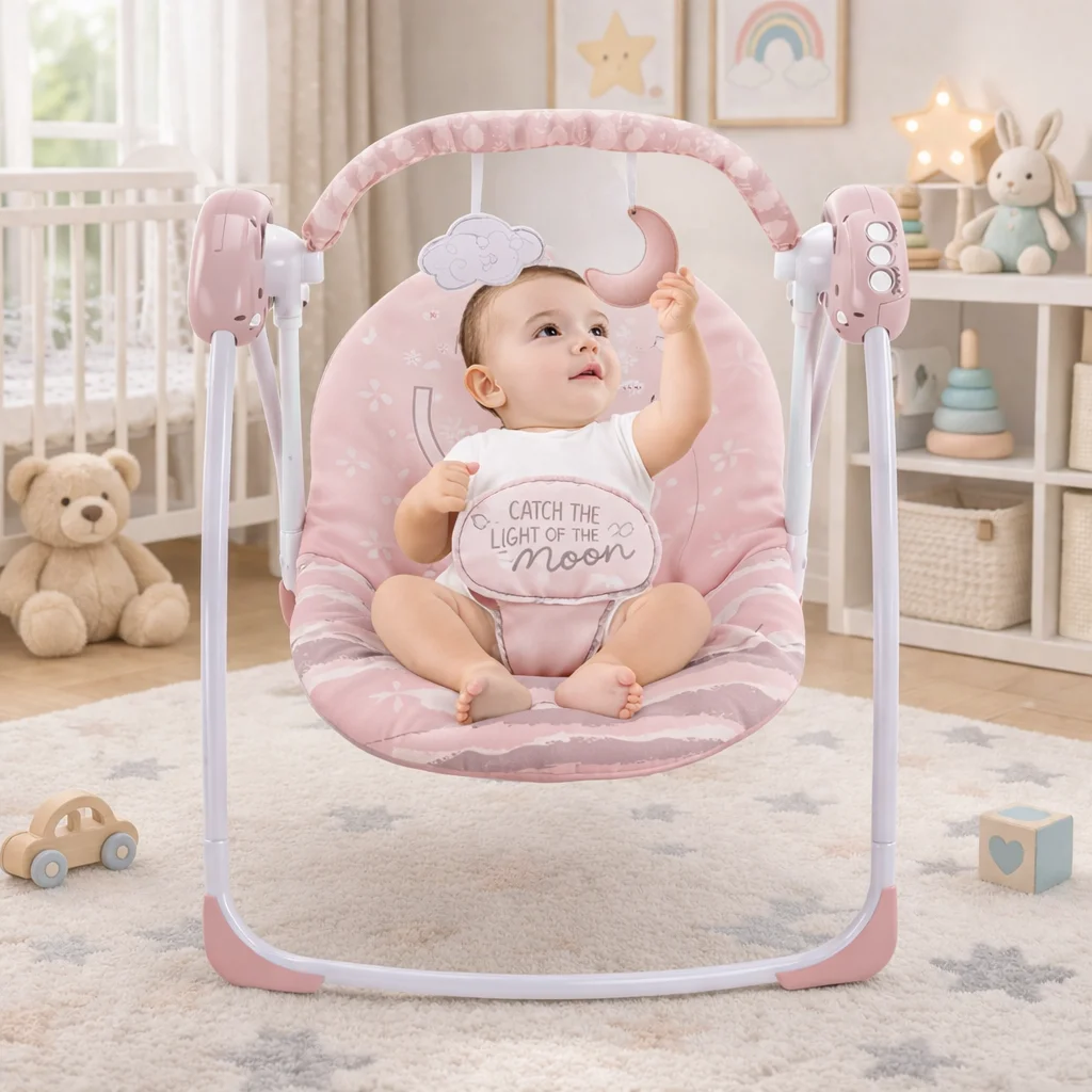 Дитяча електронна гойдалка для новонароджених X-645 рожева • Заколисуючий центр для малюка з автоматичним гойданням, мелодіями та м’яким сидінням