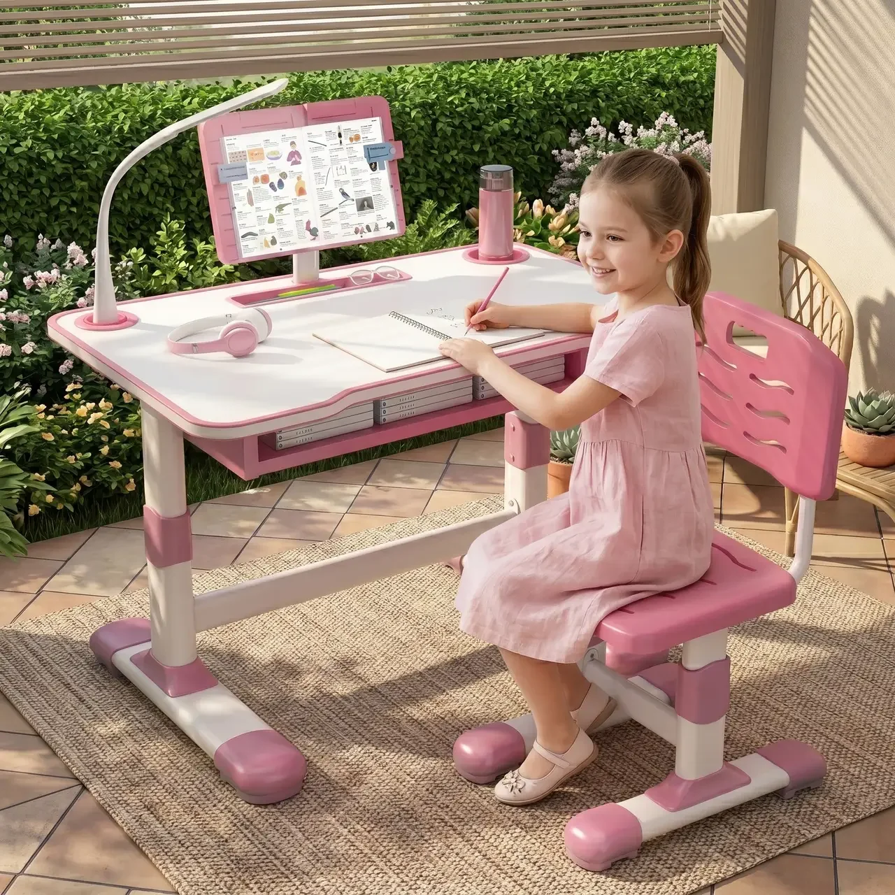 Дитяча парта зі стільцем регульована з лампою та підставкою для книг X-391 70×46 см рожева • Комплект зростаюча парта і стілець для навчання, малювання та занять удома • Дитячий стіл зі стільцем для дівчинки