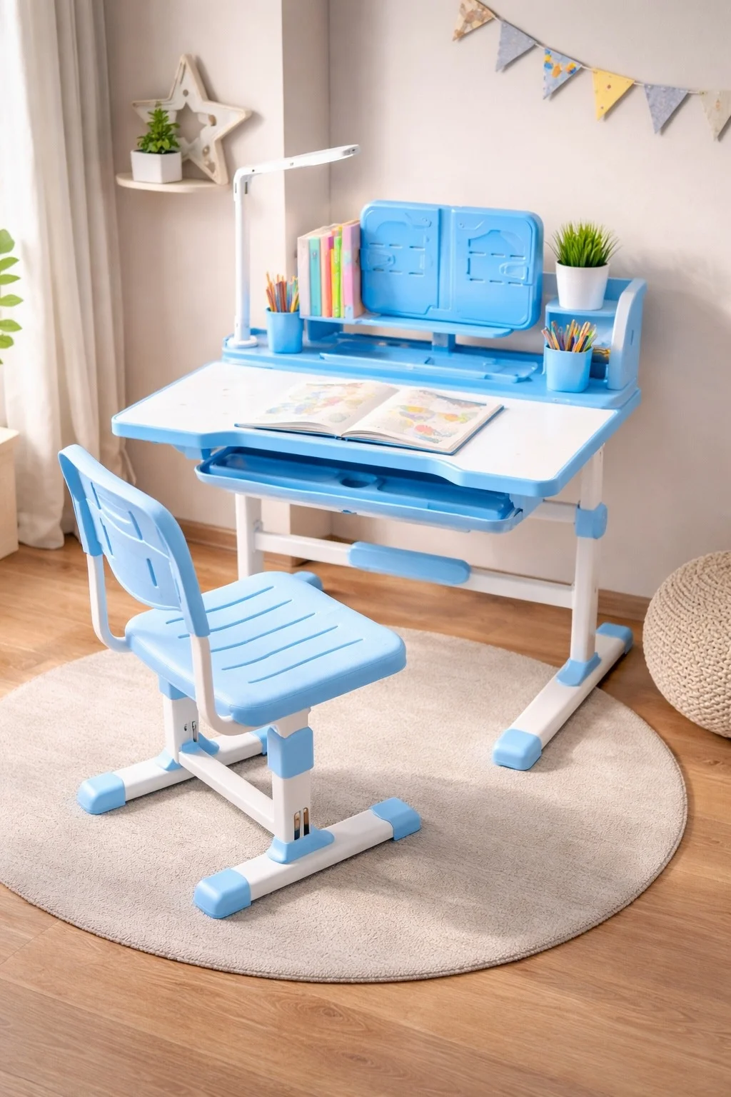 Дитяча парта зі стільцем регульована з лампою та підставкою для книг X-391 70×46 см синя • Комплект зростаюча парта і стілець для навчання, малювання та занять удома • Дитячий стіл зі стільцем для дівчинки