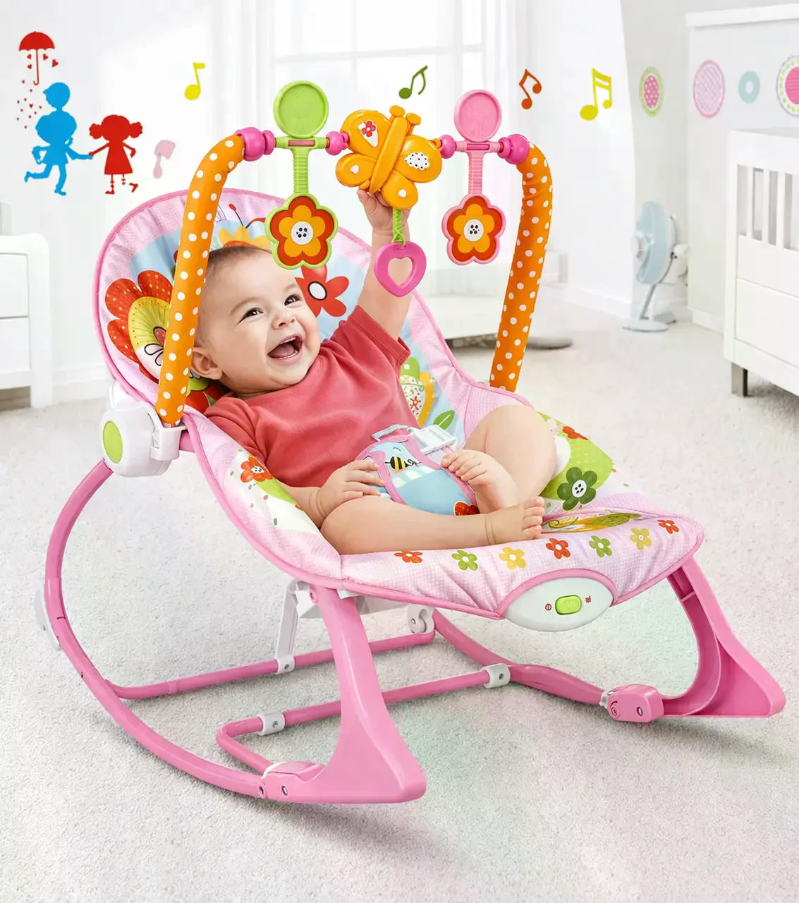 Дитяче крісло-гойдалка 68112-1 різнокольорове • Шезлонг-гойдалка для новонароджених з вібрацією, мелодіями, іграшками та регульованою спинкою