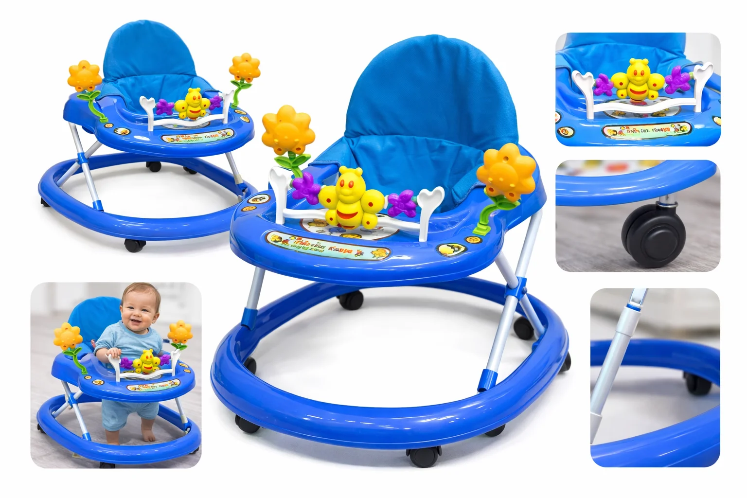 Дитячі ходунки блакитні з бджілкою X-621 • Музичні ходунки для малюків з ігровою панеллю, регулюванням висоти та маневреними колесами