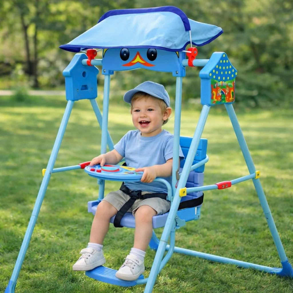  Дитячі складні гойдалки для дому блакитні X623 з козирком • Підлогова гойдалка для малюка зі світловими та звуковими ефектами, ременями безпеки та підставкою для ніг