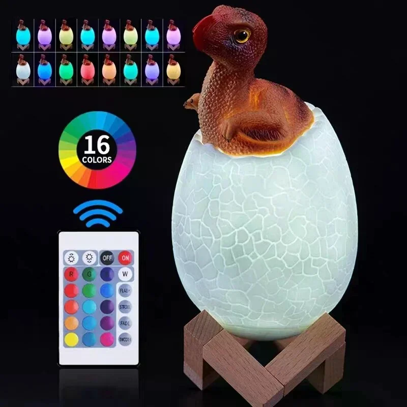 Дитячий нічник Sunroz 3D Dinozaur Lamp • Світлодіодний світильник Sunroz 3D Dinozaur Lamp Динозаврик у яйці з пультом ДК, 16 кольорами RGB, сенсорним керуванням та акумулятором