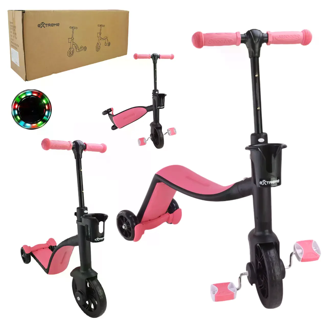 Дитячий триколісний самокат-велобіг-велосипед 3в1 SCO93 рожевий • Самокат-біговел для малюків із сидінням • Дитячий трансформер для прогулянок і активного відпочинку