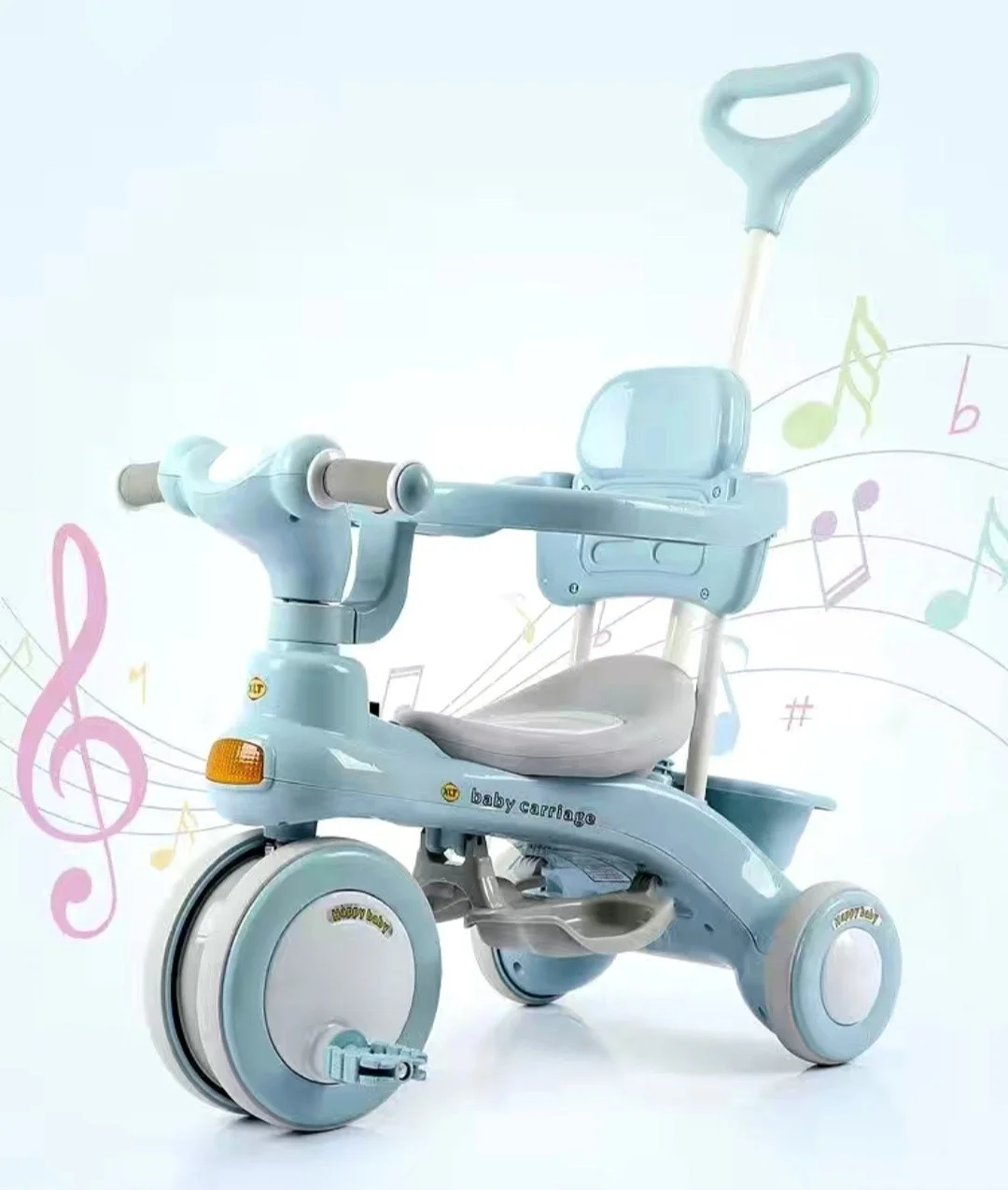 Дитячий триколісний велосипед Baby Carriage 588 блакитний з батьківською ручкою • Велосипед-коляска Baby Carriage 588 для малюків з кошиком і козирком