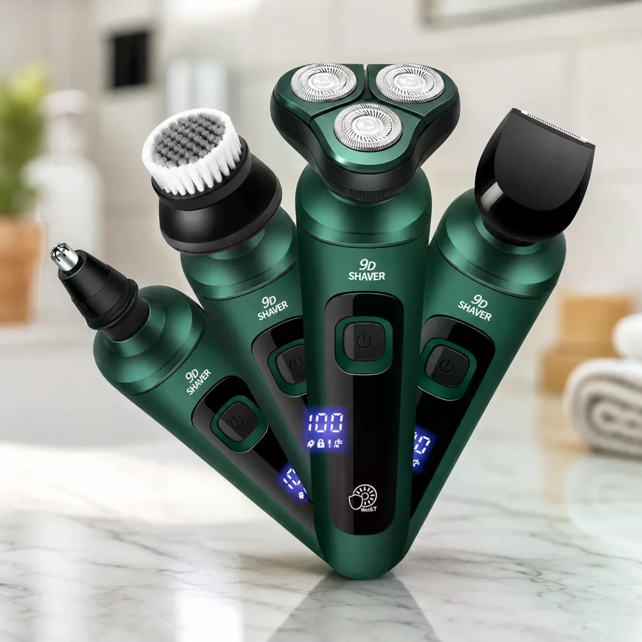 Електробритва 4 в 1 Shaver 9D зелена • Чоловіча акумуляторна роторна бритва з тримером, насадкою для носа, щіткою для обличчя та LCD-дисплеєм