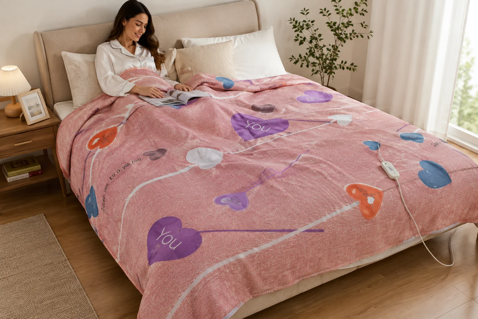 Електропростирадло Electric Blanket 7421 150×170 см з 2 режимами підігріву, рожеве із сердечками • Електричне простирадло Electric Blanket 7421 65/130 Вт з терморегулятором для ліжка