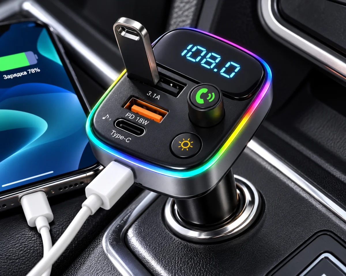 FM-трансмітер Bluetooth HM103 зі швидким заряджанням • Автомобільний FM-модулятор HM103 з USB QC 3.0, Type-C PD, RGB-підсвічуванням, Hands Free та відтворенням музики з флешки