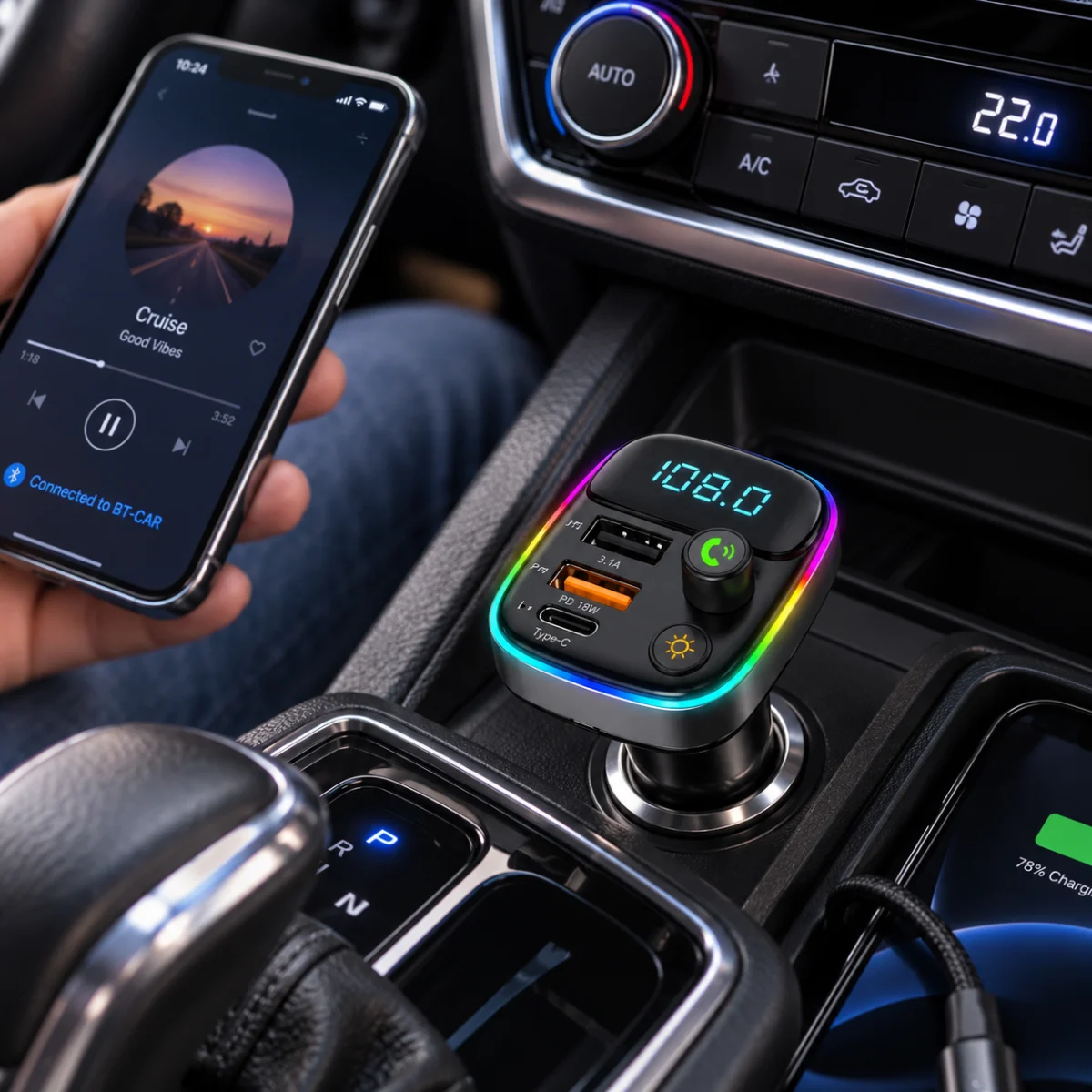 FM-трансмітер Bluetooth HM103 зі швидким заряджанням • Автомобільний FM-модулятор HM103 з USB QC 3.0, Type-C PD, RGB-підсвічуванням, Hands Free та відтворенням музики з флешки